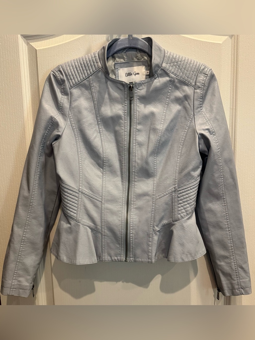 LITTLE GEM Faux Leather Peplum Moto Jacket Ice Blue Small